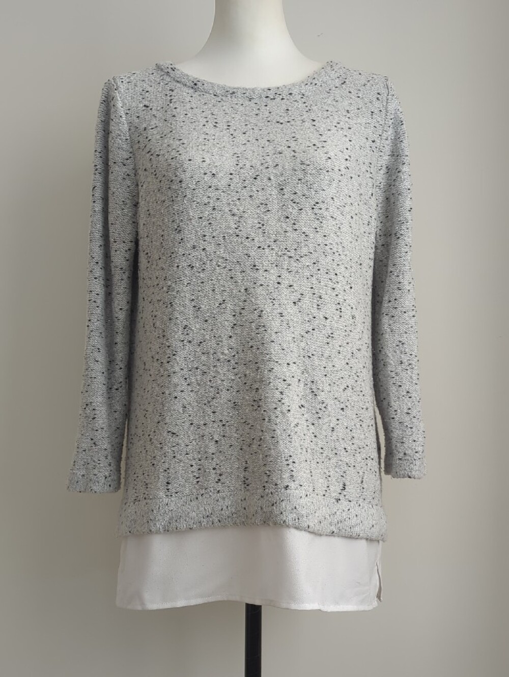 Karl Lagerfeld Light Gray Speckled Mixed-Media Layered Pullover Sweater MEDIUM